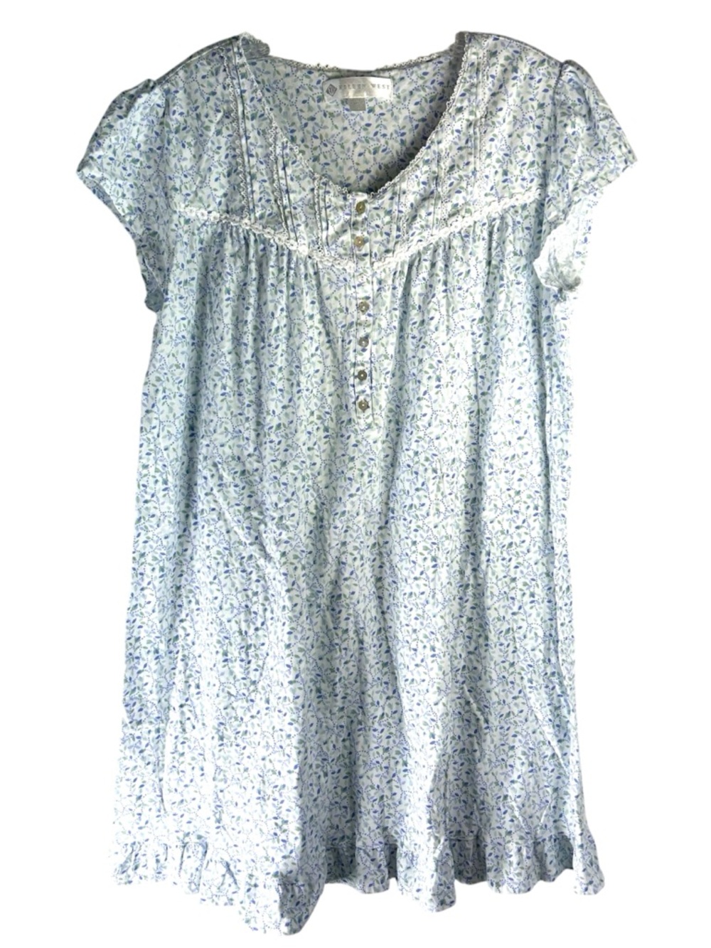 Eileen West Nightgown XL Blue Floral Cotton Lace Trim Cottagecore Sleep Dress